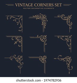 Vintage golden corners with different shapes. Set of isolated decorative angle borders. Flourish vector designs for greeting card, book page, restaurant menu, certificate, wedding invitation etc.