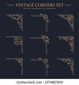 Vintage golden corners with different shapes. Set of isolated decorative angle borders. Flourish vector designs for greeting card, book page, restaurant menu, certificate, wedding invitation etc.