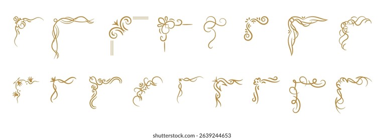 Vintage golden corners, ornamental filigree dividers decorative design elements collection isolated on white. Elegant vintage luxury royal and classic creative swirl angles vector illustration
