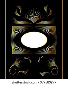 Vintage golden damask background with a gold art deco floral ornament. Best for frame invitations, cards, luxury product line branding, cover, retro background in twenties style with arabic elements.