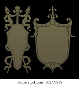 Vintage golden decorative ornate shield, frame and border. Set of coat of arms. Vector file