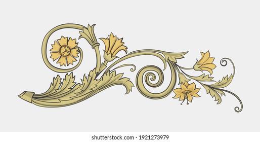 Vintage golden design elements of flowers. Vector print. Classical ornament.