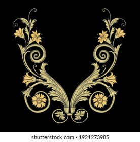 Vintage golden design elements of flowers on a black background. Vector print. Classical ornament.