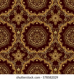 Vintage golden elements in Eastern style. Ornamental lace tracery. Golden ornate illustration for wallpaper. Vector seamless pattern with gold ornament. Traditional arabic decor on a brown background.
