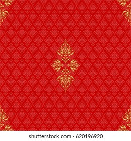 Vintage golden elements in Eastern style. Traditional arabic decor on a red background. Golden ornate illustration for wallpaper. Ornamental lace tracery. Vector seamless pattern with gold ornament.