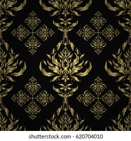 Vintage golden elements in Eastern style. Golden ornate illustration for wallpaper. Traditional arabic decor on a black background. Vector seamless pattern with gold ornament. Ornamental lace tracery.