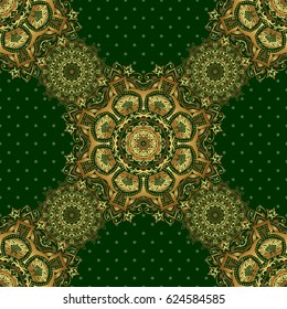 Vintage golden elements in Eastern style. Ornate illustration for wallpaper. Traditional arabic decor on a green background. Vector seamless pattern with gold ornament. Ornamental lace tracery.