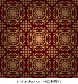 Vintage golden elements in Eastern style. Vector seamless pattern with gold ornament. Ornamental lace tracery. Golden ornate illustration for wallpaper. Traditional arabic decor on a red background.