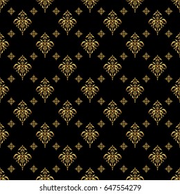 Vintage golden elements in Eastern style. Golden ornate illustration for wallpaper. Ornamental lace tracery. Traditional arabic decor on a black background. Vector seamless pattern with gold ornament.