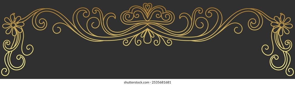 Vintage golden elements, floral border design, wedding banner, frame, label, black lines on white.