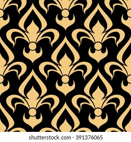 Vintage golden fleur-de-lis pattern for heraldic backdrop or interior design with seamless ornament of french royal iris flowers on black background