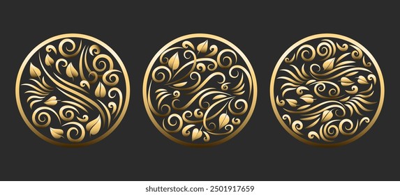 Conjunto de emblema floral dorado de Antiguas. Las Formas redondas 3D florecen rama y hojas aisladas sobre fondo negro Ilustración vectorial