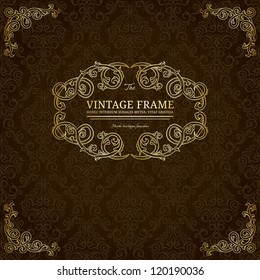 Vintage golden frame on dark ornate background