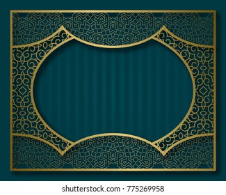 Vintage golden frame in oriental style. Label, nameplate or greeting card background template.