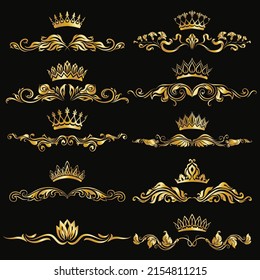 Vintage Golden Frames Design Elements Set, hand-drawn floral elements, filigree corners, borders, frame, crown, monograms on black background