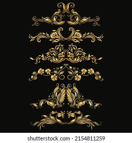 Vintage Golden Frames Design Elements Set, hand-drawn floral elements, filigree corners, borders, frame, crown, monograms on black background