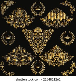 Vintage Golden Frames Design Elements Set, hand-drawn floral elements, filigree corners, borders, frame, crown, monograms on black background