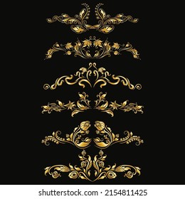 Vintage Golden Frames Design Elements Set, hand-drawn floral elements, filigree corners, borders, frame, crown, monograms on black background