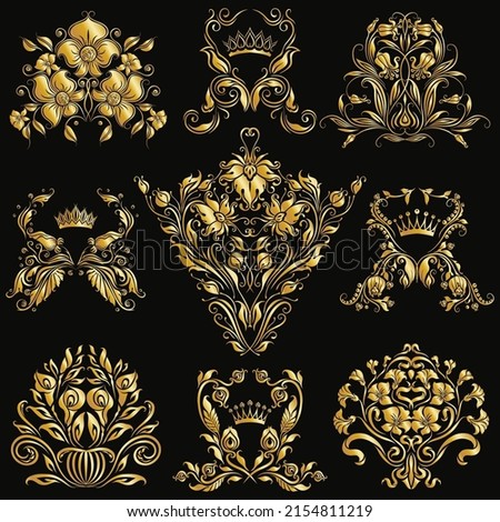 Vintage Golden Frames Design Elements Set, hand-drawn floral elements, filigree corners, borders, frame, crown, monograms on black background