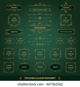Vintage golden frames, dividers mega set. Calligraphic design elements.