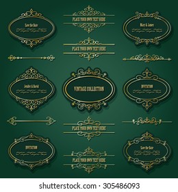 Vintage golden frames, labels and dividers set. Luxury design.