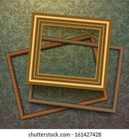 Vintage golden frames on background with floral pattern, vector image. 