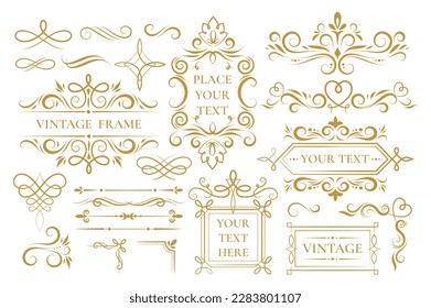 Vintage golden frames set. Collection of design elements for website and book. Place for text, ornaments, borders and patterns. Cartoon flat vector illustrations isolated on white background