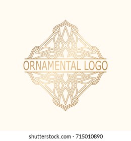 Vintage golden geometrical linear vector frame, label for your logo. Vector illustration