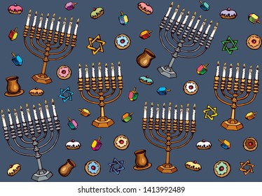 Vintage golden hanukka candelabra lamp, dough pastry bread eat bakery snack, old cup gift, spin toy. Biblic ethnic happy hanukkiah hexagram ceremony design drawn as retro graphic art on black backdrop