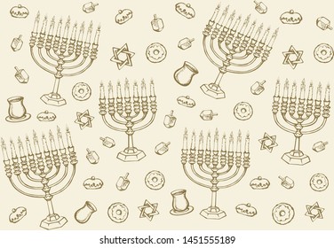 Vintage golden hanukka candelabra lamp, dough pastry bread eat bakery snack, cup gift, spin game toy. Biblic ethnic happy hanukkiah hexagram ceremony design drawn retro graphic art on white backdrop