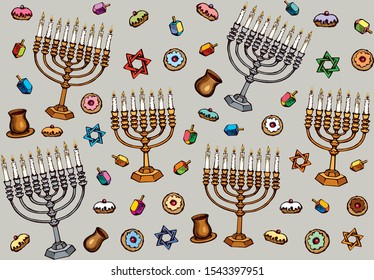 Vintage golden hanukka candelabra lamp, dough pastry bread eat bakery snack, old cup gift, spin toy. Biblic ethnic happy hanukkiah hexagram ceremony design drawn as retro graphic art on grey backdrop