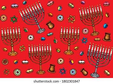 Vintage golden hanukka candelabra lamp, dough pastry bread eat bakery snack, old cup gift, spin toy. Biblic ethnic happy hanukkiah hexagram ceremony design drawn as retro graphic art on red backdrop