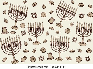 Vintage golden hanukka candelabra lamp, dough pastry bread eat bakery snack, cup gift, spin game toy. Biblic ethnic happy hanukkiah hexagram ceremony design sketch drawn as retro graphic art on white 