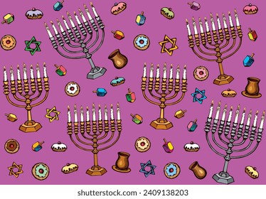 Vintage golden hanukka candelabra lamp, dough pastry bread eat bakery snack, old cup gift, spin toy. Biblic ethnic happy hanukkiah hexagram ceremony design drawn as retro graphic art on lilac backdrop