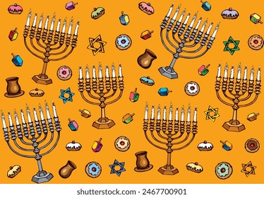 Antiguas lámpara de candelabro de hanukka dorada, masa de pan de pastelería comer refrigerio de panadería, regalo de la taza vieja, juguete giratorio. Diseño de ceremonia de hexagrama de Janucá feliz étnico bíblico dibujado como gráfico retro sobre fondo naranja