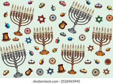 Vintage golden hanukka candelabra lamp, dough pastry bread eat bakery snack, old cup gift, spin toy. Biblic ethnic happy hanukkiah hexagram ceremony design drawn as retro graphic art on green backdrop