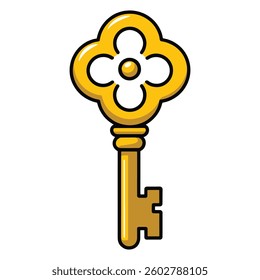 Vintage golden key icon. Retro antique key illustration in flat design. Classic old fashioned key graphic isolated on white background.