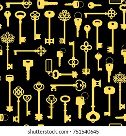 Vintage golden key seamless pattern on the black background, vector illustration