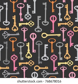 Vintage golden key seamless pattern on the black background, vector illustration