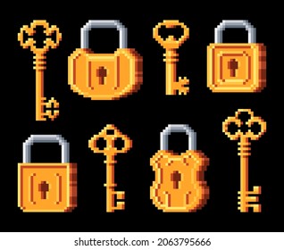 Vintage golden keys and padlocks. Pixel art 8bit game icons, door lock and keys. Vector vintage elements, game assets isolated 2d objects. Retro sprite computer graphic isolated padlocks