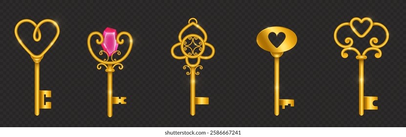 Vintage golden keys set isolated on transparent background. Vector realistic illustration of antique skeleton clue for old lock decorated with ruby gemstone, success symbol, Victorian style ornament