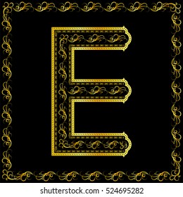 Vintage golden letter "E" with floral pattern isolated on black background.