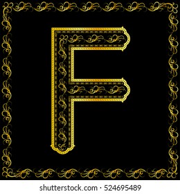 Vintage golden letter "F" with floral pattern isolated on black background.