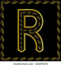 Vintage golden letter "R" with floral pattern isolated on black background.