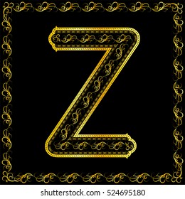 Vintage golden letter "Z" with floral pattern isolated on black background.