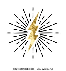 Vintage golden lightning bolt and sun rays. Gold foil texture. Lightning with sunburst effect. Thunderbolt, electric shock sign. Vector illustration