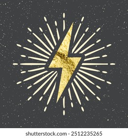 Vintage golden lightning bolt and sun rays. Gold foil texture. Lightning with sunburst effect. Thunderbolt, electric shock sign. Vector illustration