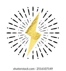 Vintage golden lightning bolt and sun rays. Gold foil texture. Lightning with sunburst effect. Thunderbolt, electric shock sign. Vector illustration