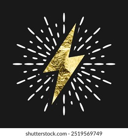 Vintage golden lightning bolt and sun rays. Gold foil texture. Lightning with sunburst effect. Thunderbolt, electric shock sign. Vector illustration