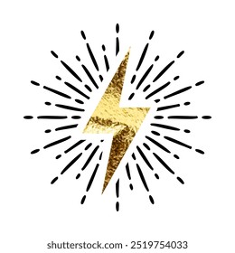 Vintage golden lightning bolt and sun rays. Gold foil texture. Lightning with sunburst effect. Thunderbolt, electric shock sign. Vector illustration